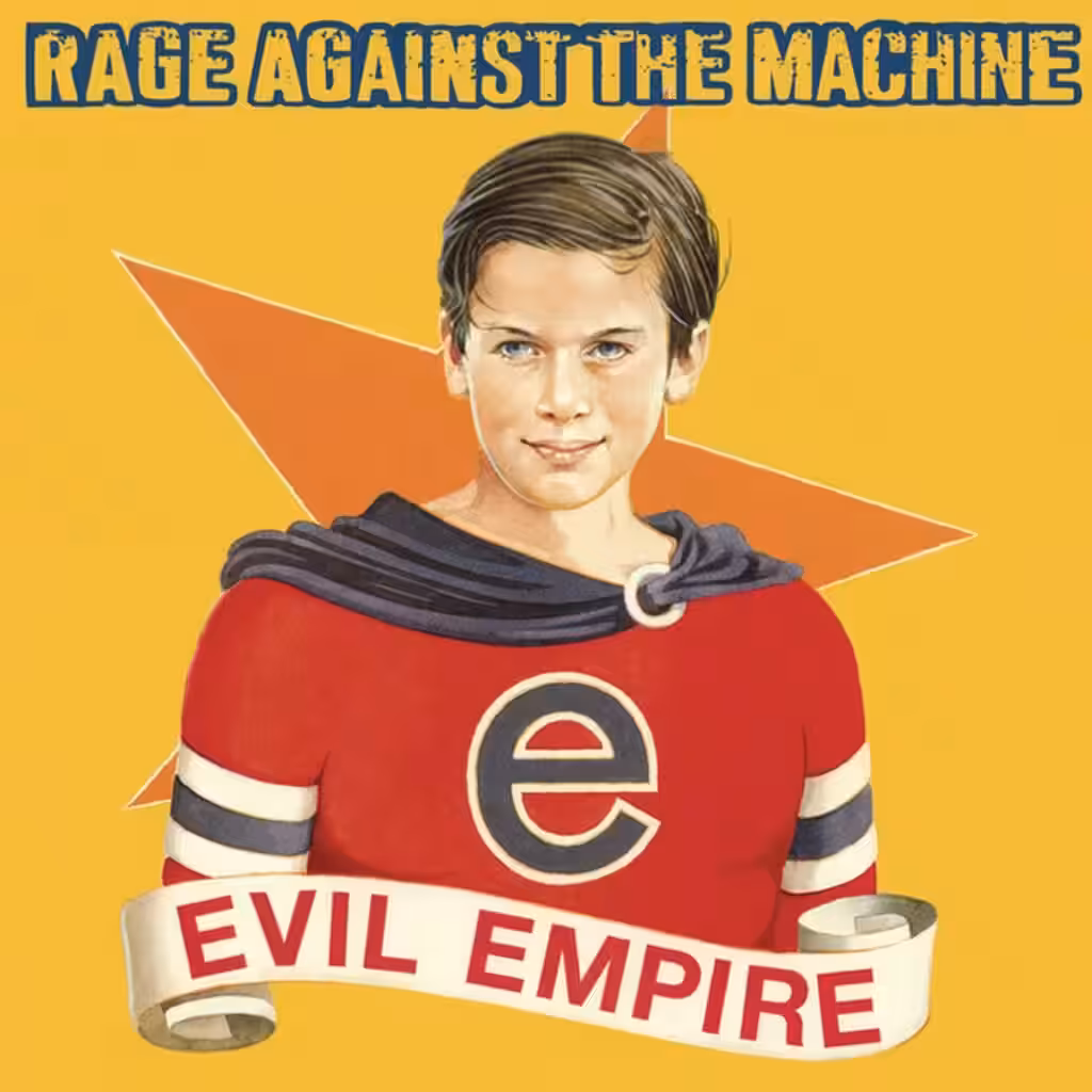 Sleeve of Evil Empire, 1996: Mel Ramos's altered Crimebuster comic-book painting of an 11-year-old boy in a superhero costume.