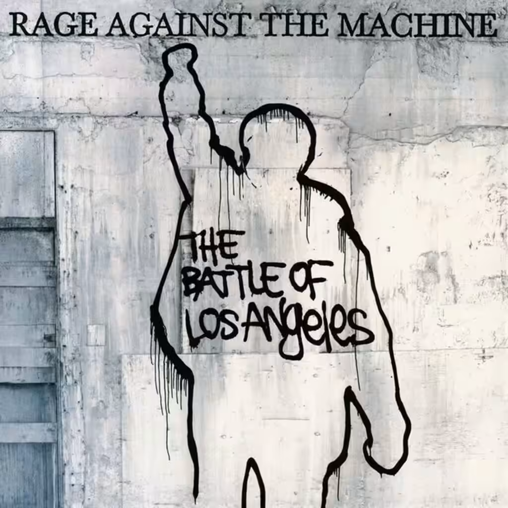 Sleeve of The Battle of Los Angeles, 1999: a graffiti spray-stencil of a man in a coat with a raised fist, original artwork by Joey Krebs (the Phantom Street Artist).