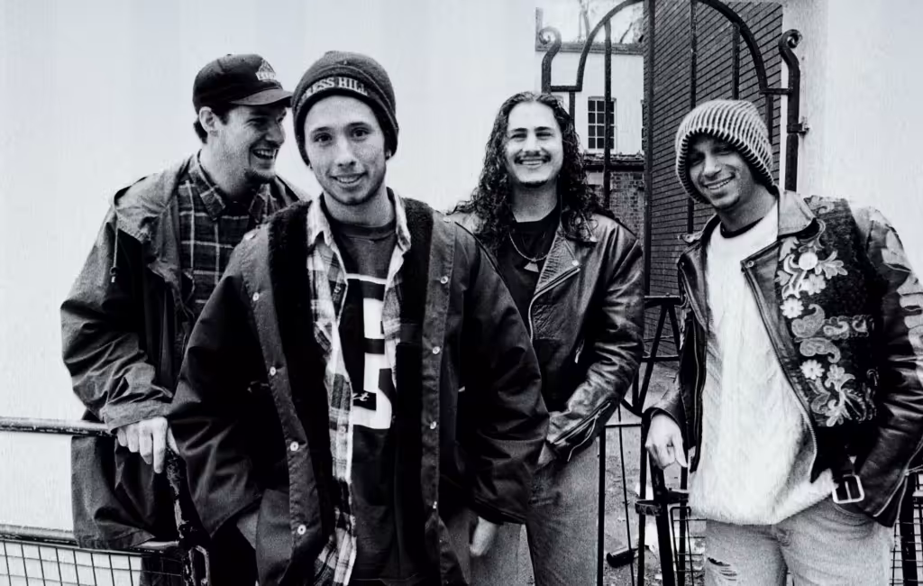 Rage Against the Machine on stage in the mid 1990s, the four-piece lineup in full flight.
